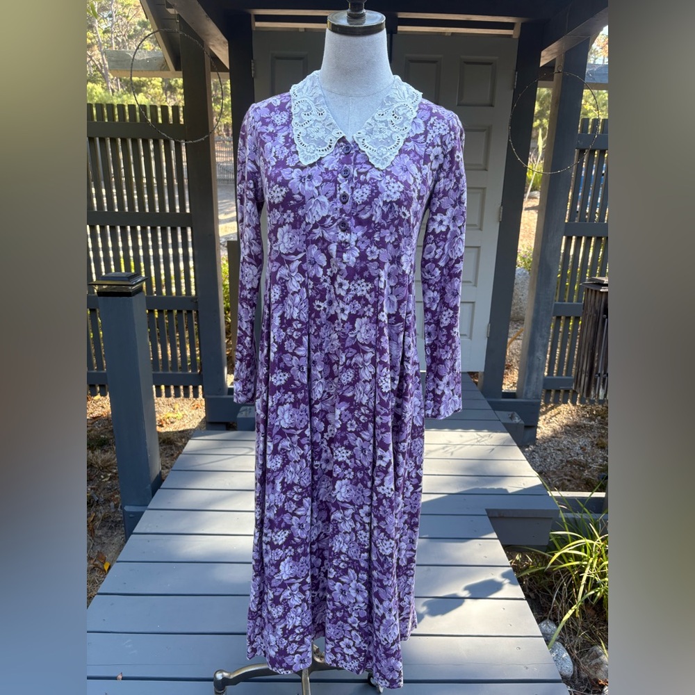 Laura Ashley Vintage Floral Purple Dress with Lace Collar